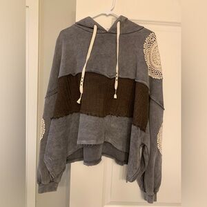 POL Brown and Grey Hoodie With Crochet Accents NWOT 🌴